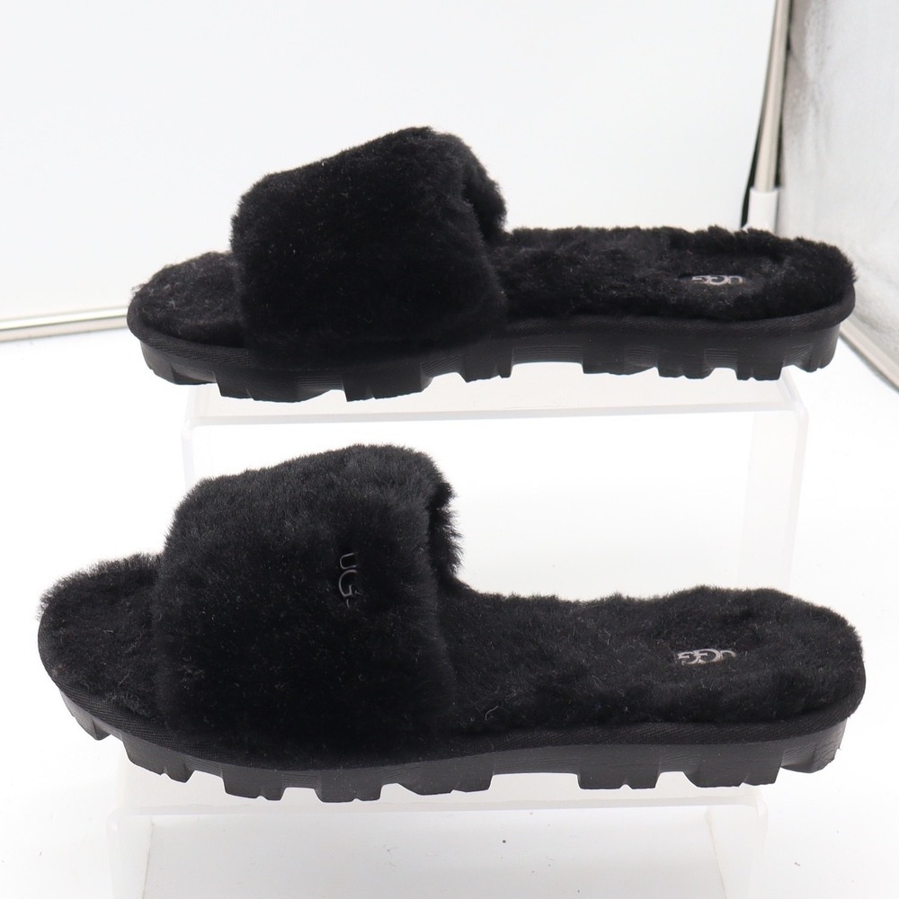 UGG Slide Sandal Womens 9 Cozette Black Faux Fur Lug Sole Excellent